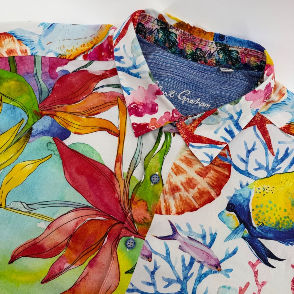 Robert Graham Sip N Dip Button Down Short Sleeve Shirt Men 2XL Fish Floral Print